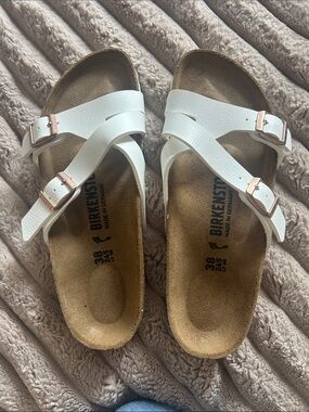 Birkenstock White Mayari Sandals with Rose Gold Buckles